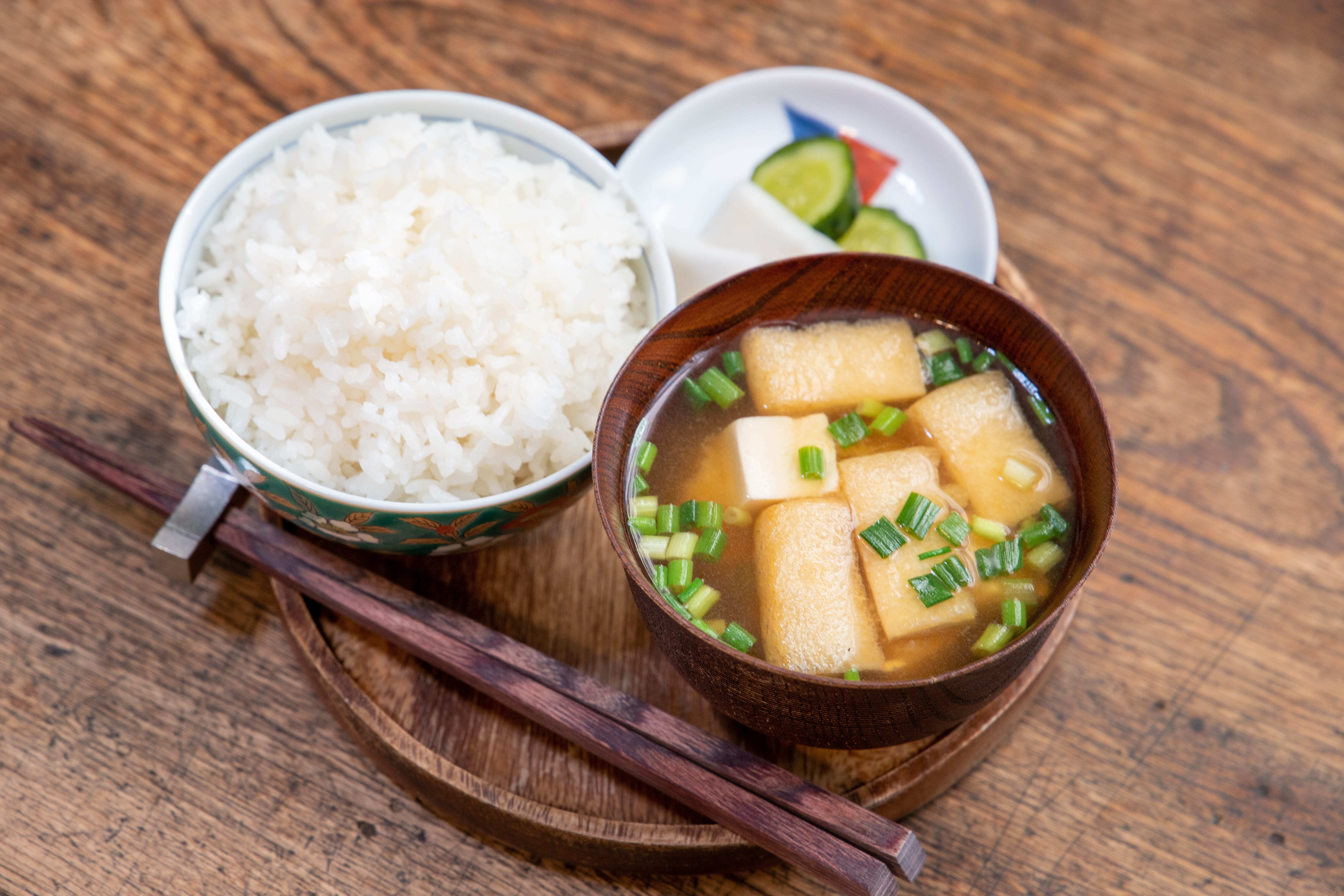 An example of ichiju-issai: rice, miso soup with tofu and fried tofu, and pickles