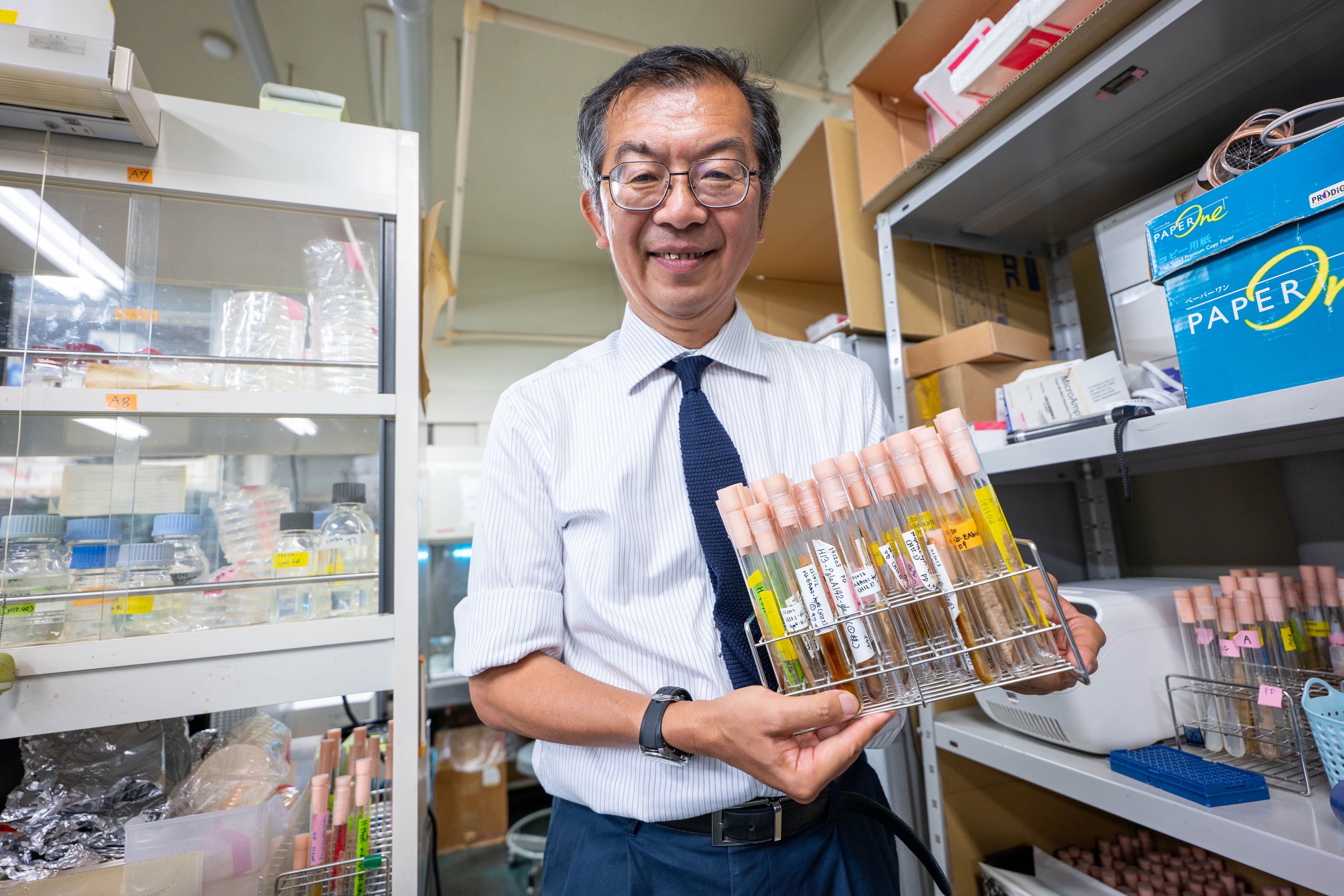 Professor Harushi Nakajima in his laboratory at the School of Agriculture, Meiji University