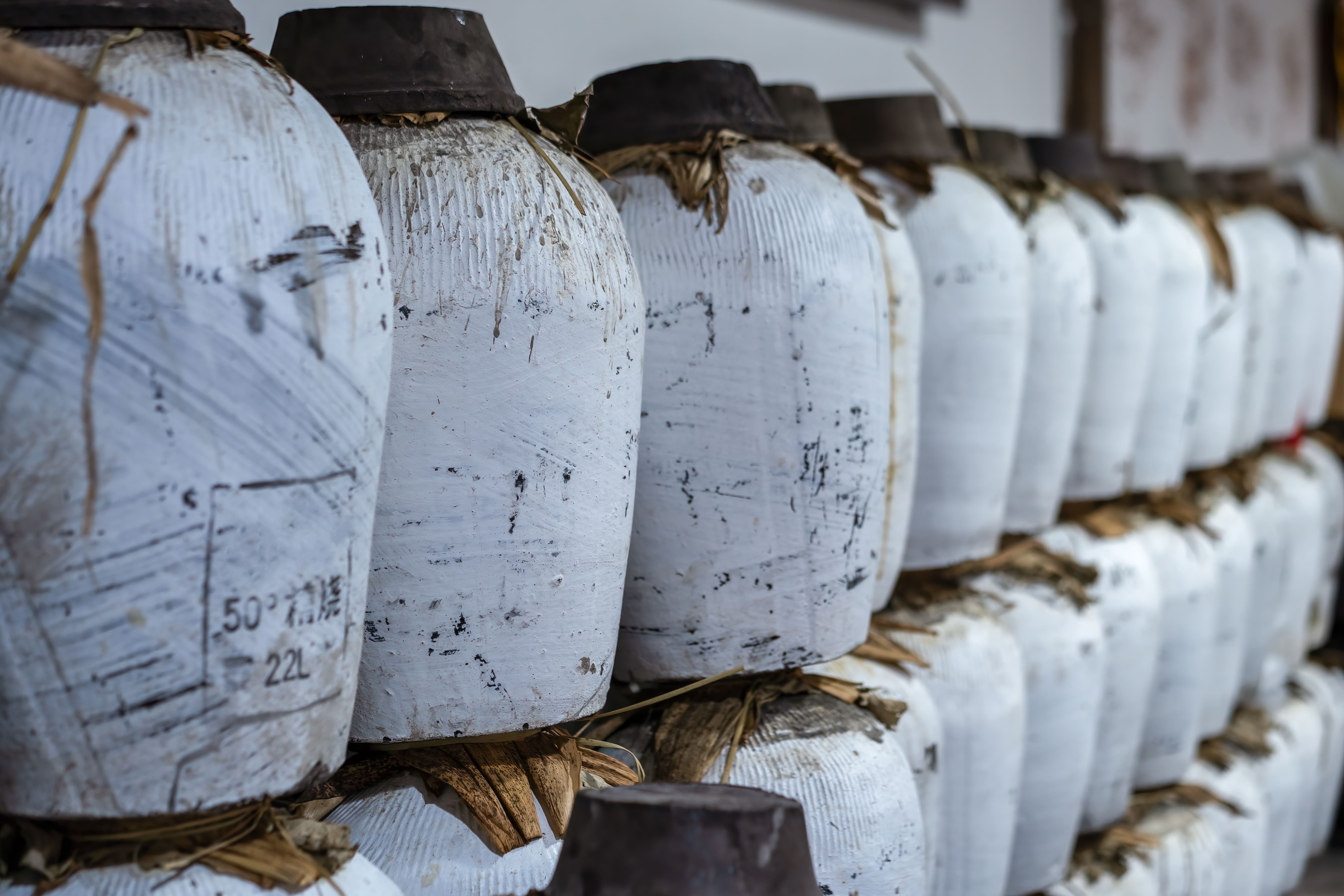 Ceramic jars filled with Shaoxing wine